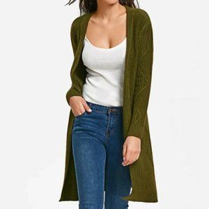 Zaful Green / Khaki Long Ribbed Panel ZigZag Open-Front Cardigan